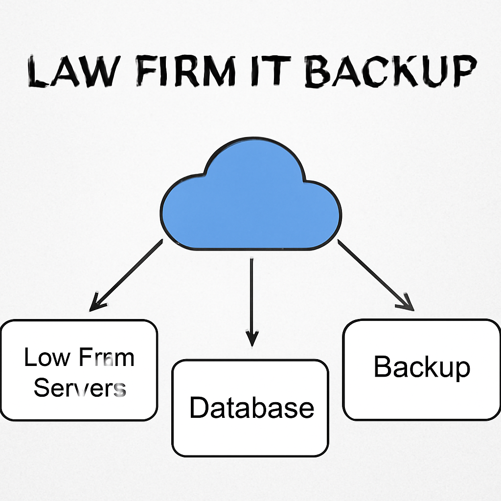 A descriptive prompt for an AI image generator, related to the surrounding text. Alt: Law firm IT backup diagram with cloud icons.