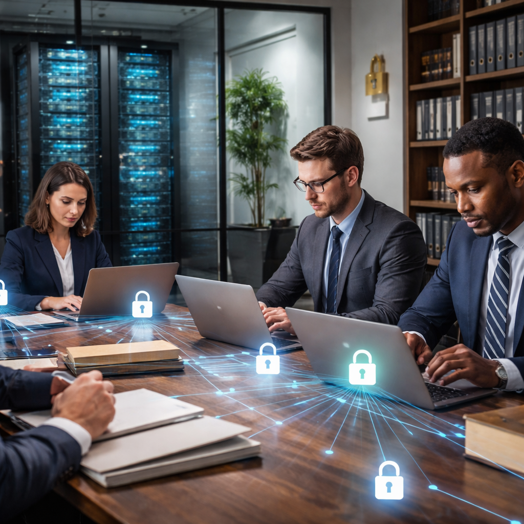 Professionals in business attire collaborating at a conference table with laptops, featuring digital security icons, symbolizing secure IT services for legal firms.
