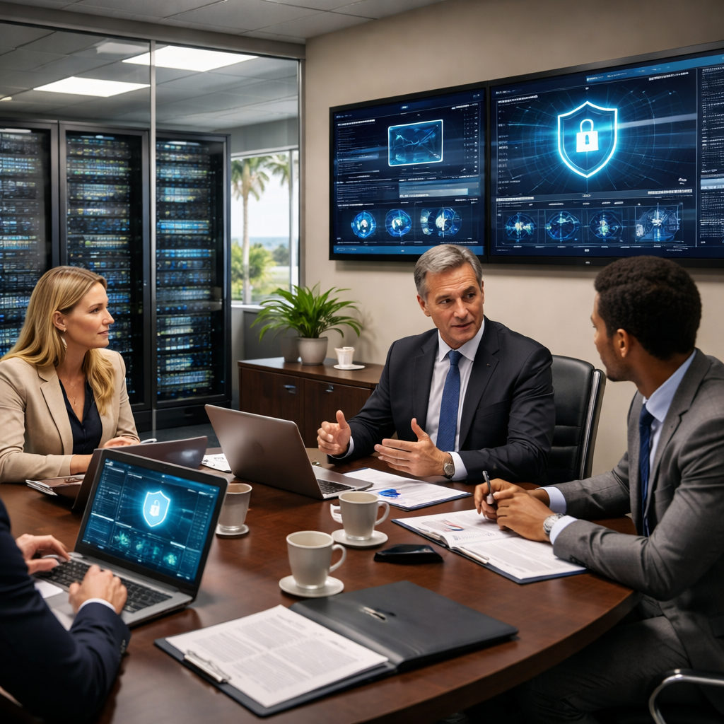 Business meeting in a law office discussing IT security, featuring a server rack, multiple screens displaying cybersecurity data, laptops, and legal documents on the table.