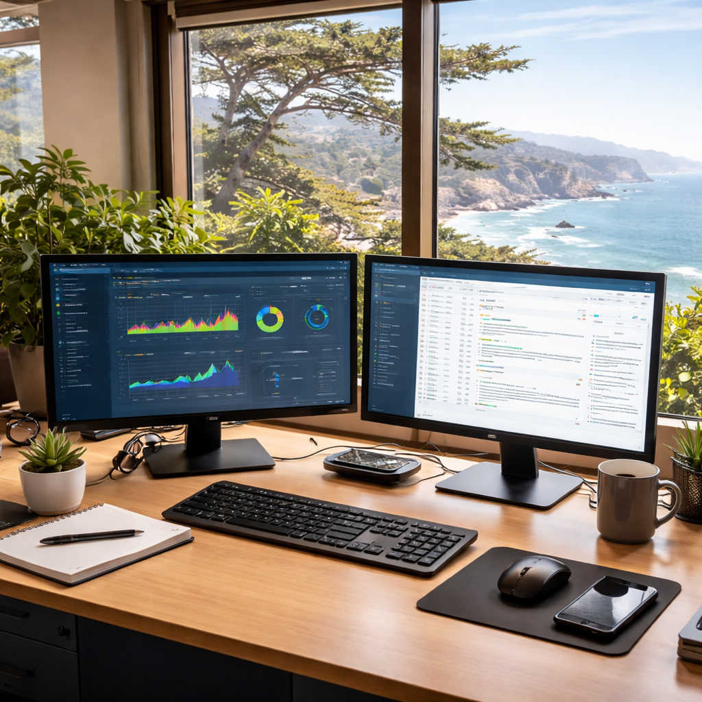 A photorealistic scene of a small Monterey County office workstation setup with dual monitors, a local coastal window view, and a subtle overlay of network monitoring graphs on a screen, highlighting managed IT services in action for SMBs. Alt: Managed IT services Monterey County office environment.