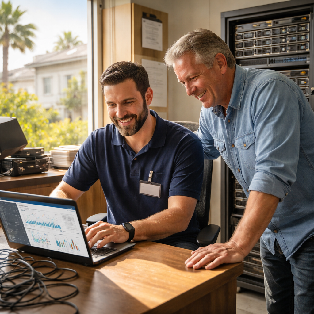 A photorealistic scene of a friendly local IT technician in a Monterey office, reviewing server health on a laptop while a small business owner watches, sunny coastal light streaming through the windows, emphasizing partnership and reliability. Alt: IT services Monterey County partner working side‑by‑side with a local business.