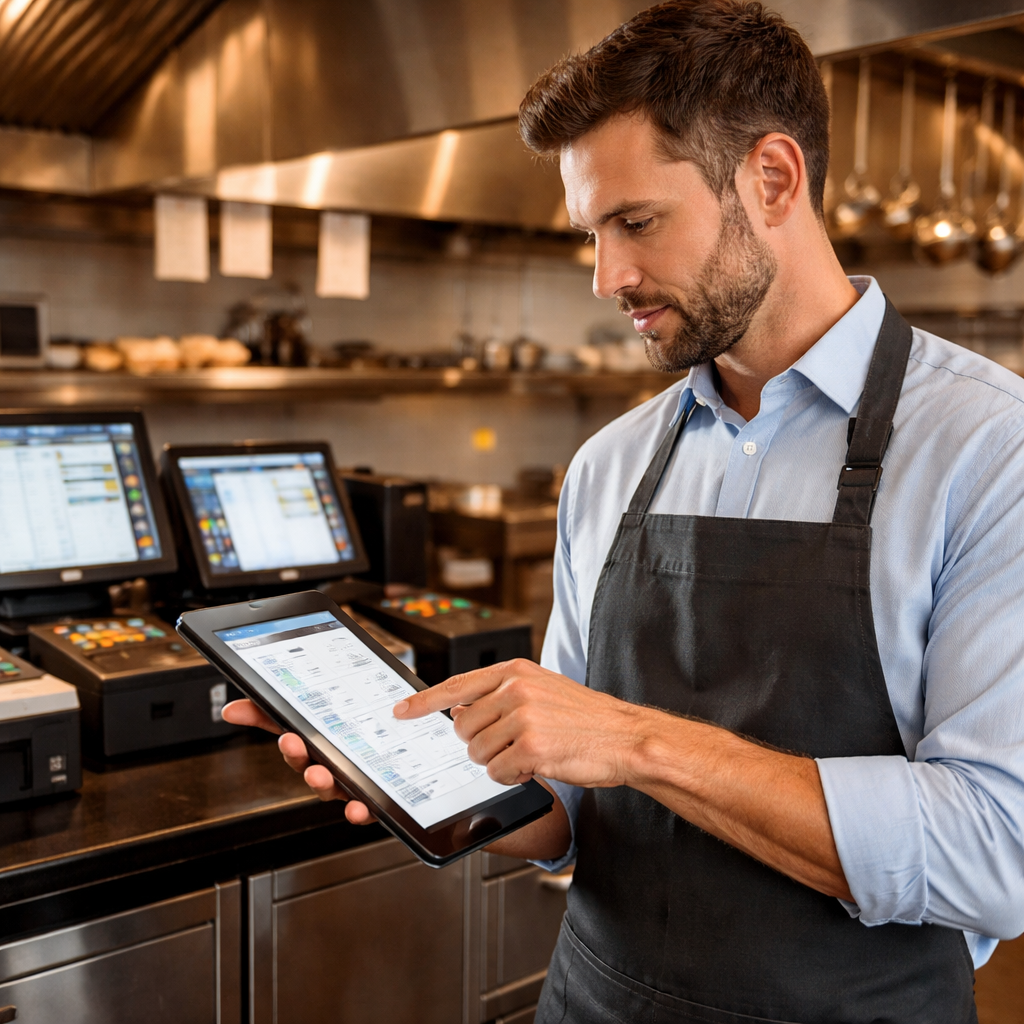A realistic photo of a restaurant manager reviewing a checklist on a tablet, with kitchen equipment and POS terminals visible in the background. Alt: Assessing IT environment for restaurant IT support.
