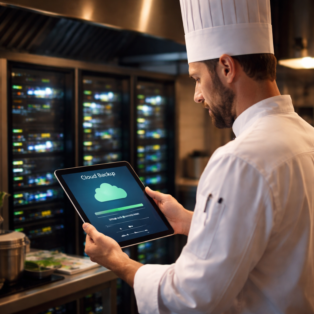 A photorealistic kitchen with a chef looking at a tablet showing cloud backup status, servers in the background, subtle lighting. Alt: IT support for restaurants cloud backup and continuity.