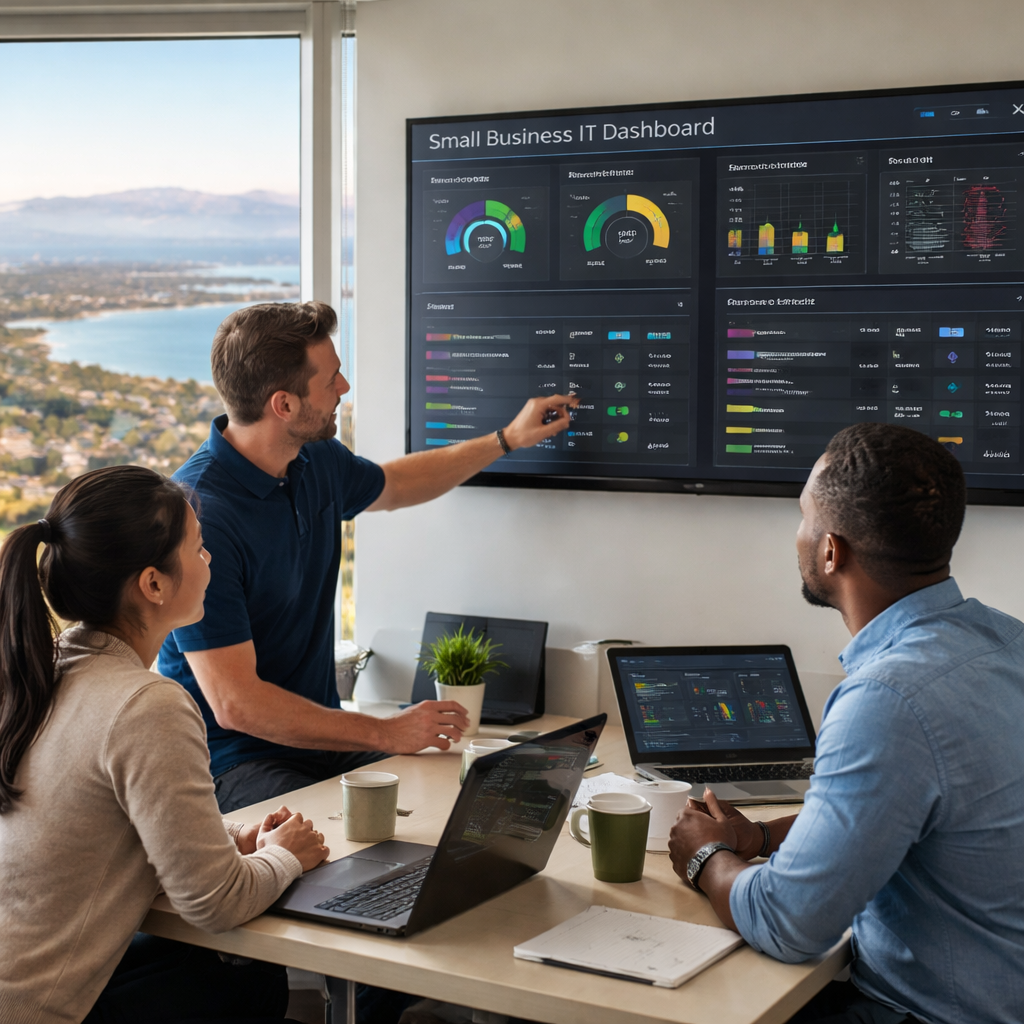A photorealistic office scene showing IT professionals reviewing a small business IT dashboard on a wall-mounted monitor, Salinas/Monterey region in background. Alt: IT support team reviewing a dashboard for a small business in Monterey Bay.