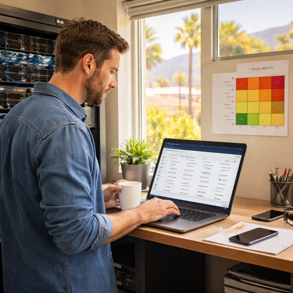 A realistic office scene in Monterey with a tech specialist reviewing a digital asset inventory on a laptop while standing beside a server rack, natural light from a window, a wall chart displaying a risk matrix, and a coffee mug. Alt: IT asset inventory review in a Monterey small business office.