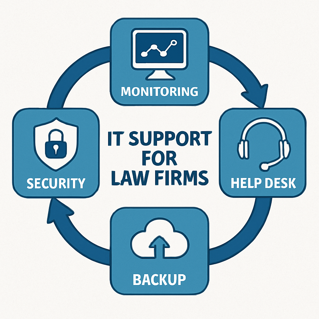 A stylized diagram showing the four pillars of IT support for law firms—monitoring, help desk, security, backup—connected in a loop. Alt: Diagram of IT support layers for law offices.