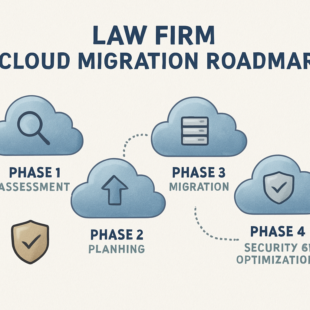 A detailed illustration showing a law firm’s migration roadmap with phased steps, cloud icons, and security badges. Alt: Cloud migration phases for law offices