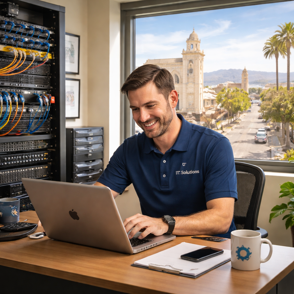 A photorealistic scene of a small Salinas business office with a friendly IT technician reviewing a laptop screen, network cables neatly organized, and a view of downtown Salinas through the window. Alt: Managed IT services keeping Salinas SMBs running smoothly.