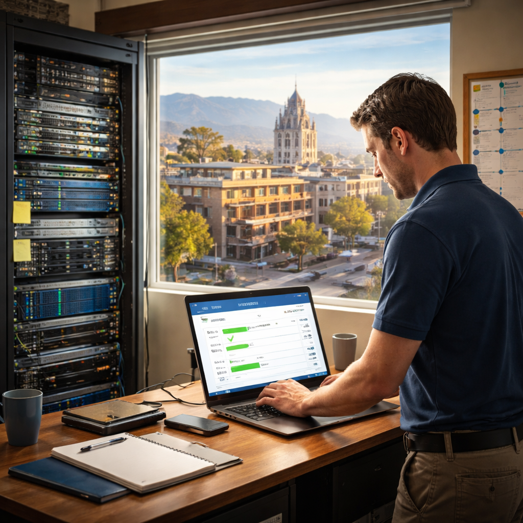 A photorealistic scene of a small Salinas office with a server rack, a technician checking a laptop displaying backup status, and a window showing the Salinas downtown skyline. Alt: Backup and disaster recovery planning for SMBs in Salinas.