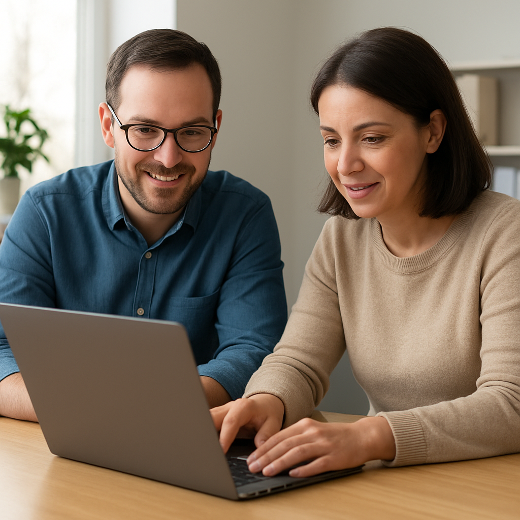 A friendly IT specialist sitting with a small business owner, reviewing a laptop screen together. Alt: IT support services for small business – personalized consultation and troubleshooting.
