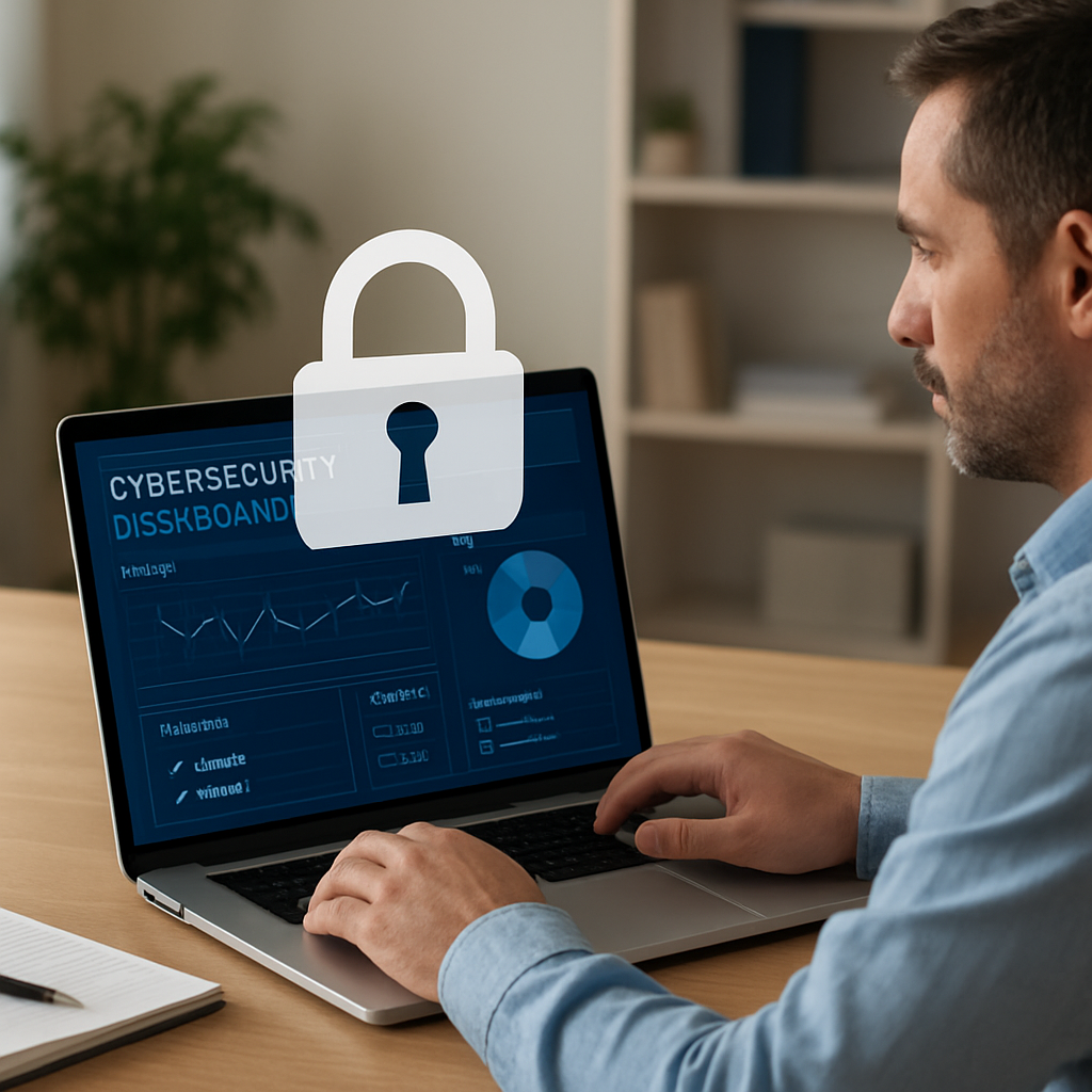 A small business owner reviewing a cybersecurity dashboard on a laptop, with a lock icon overlay and a calm office background. Alt: Cybersecurity essentials checklist for small business owners