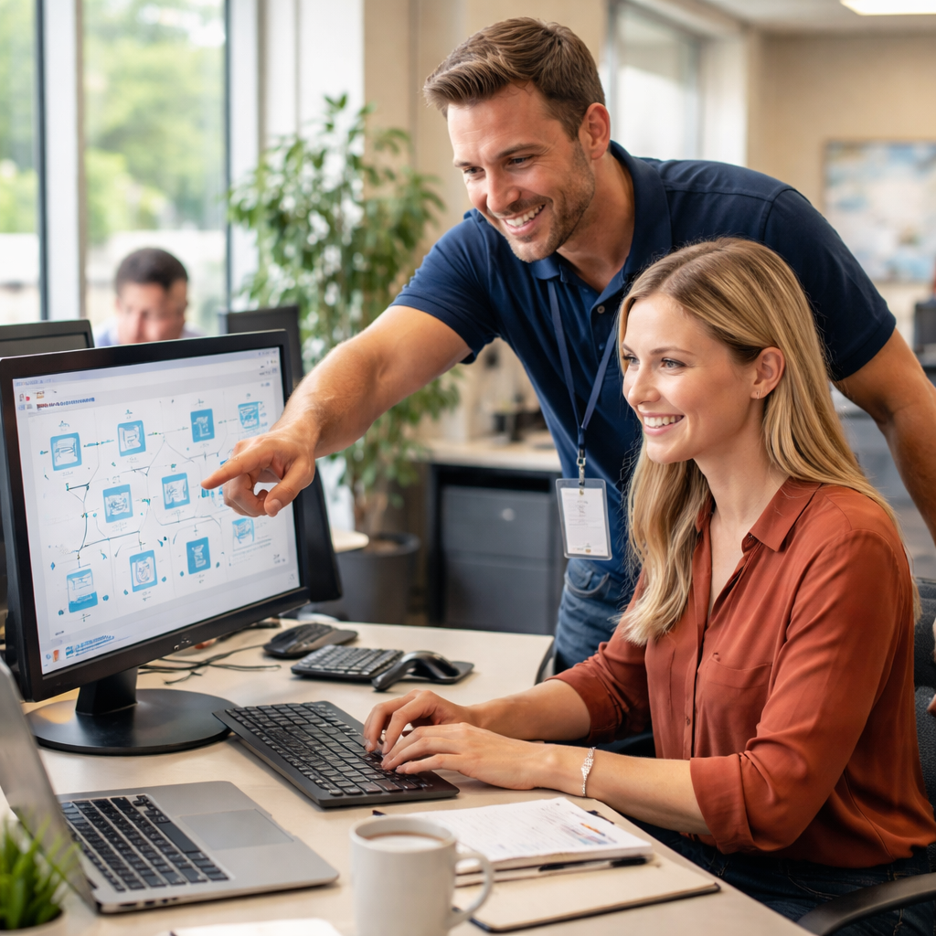 A realistic office scene showing a technician helping a small business employee at a computer, with network diagrams on a screen. Alt: IT support help desk Monterey local service