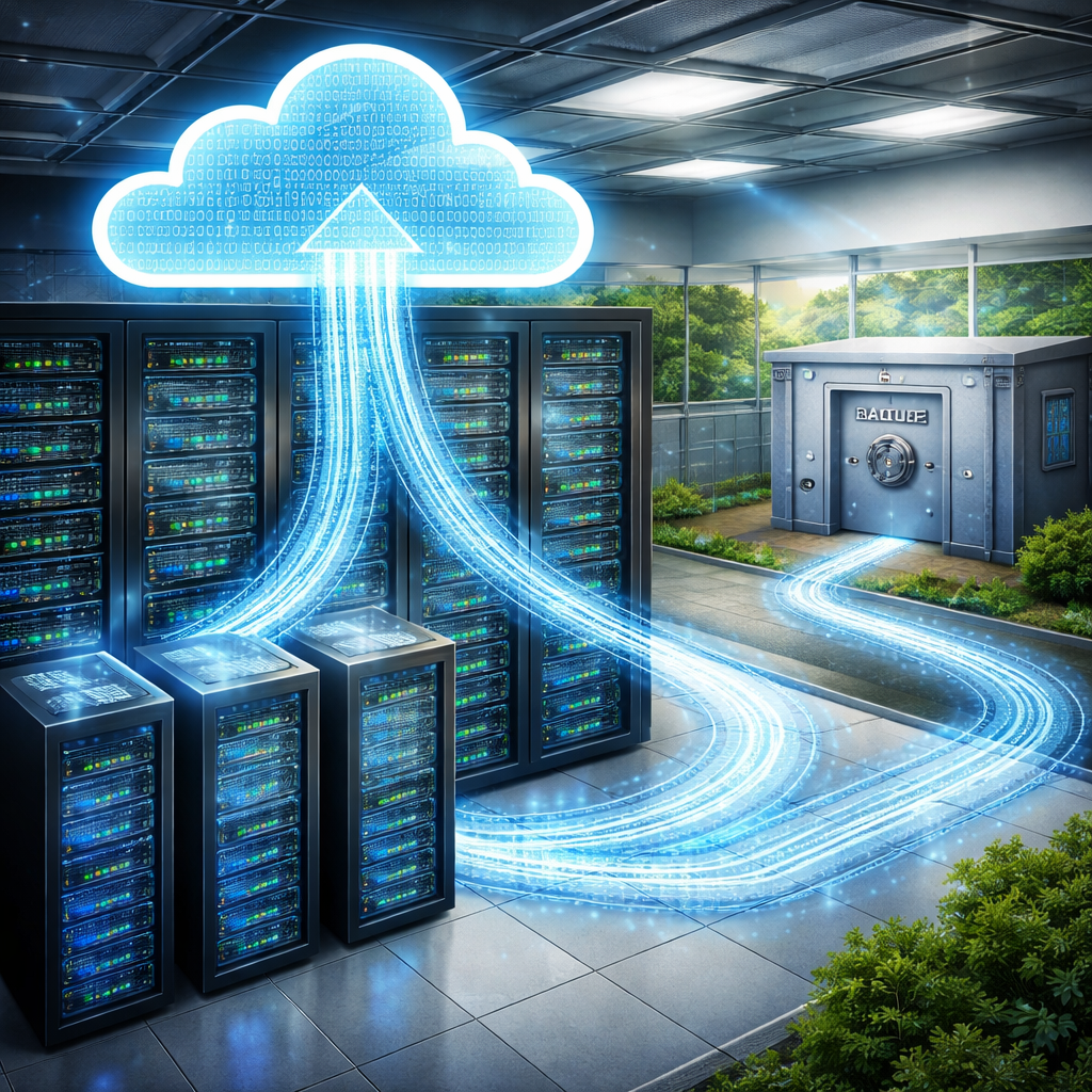 A realistic illustration of a server room with a cloud icon above, showing data flowing to an off‑site backup vault. Alt: Hybrid backup architecture for SMBs