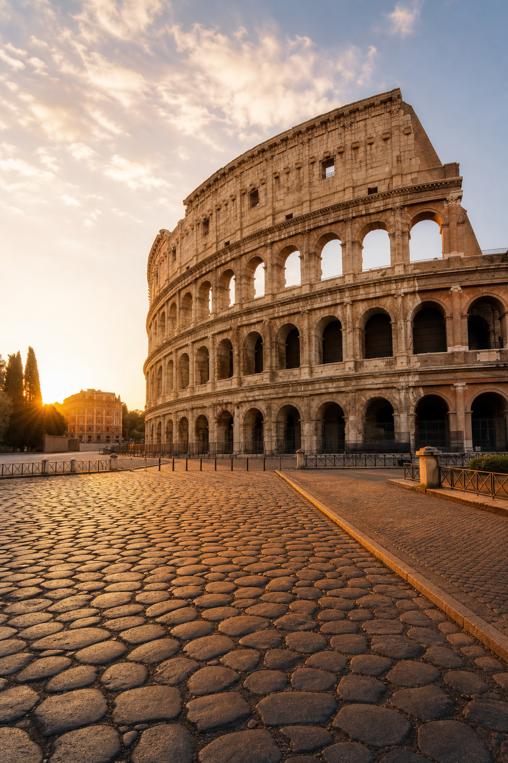 A photorealistic 16:9 wide-angle scene of the Roman Colosseum at golden hour, shot from street level with warm evening light across the ancient stone arches and a quiet foreground cobblestone street