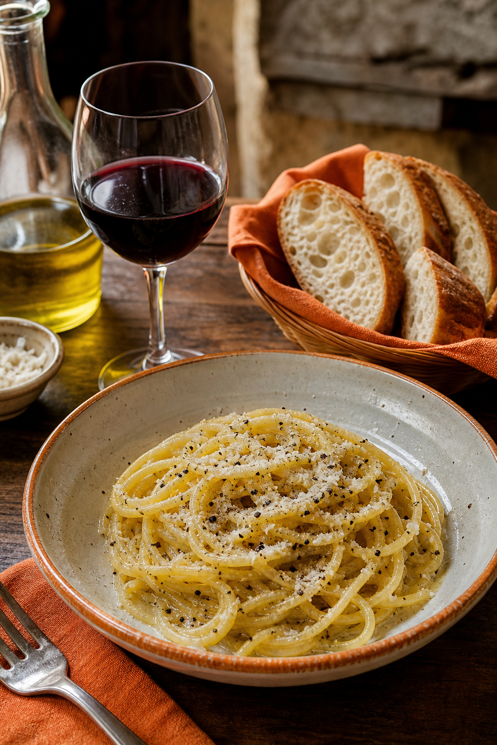 A photorealistic 16:9 close-up of a rustic Italian table scene with a bowl of cacio e pepe pasta, a glass of Chianti wine, fresh bread, and olive oil on a worn wooden surface in a Roman trattoria setting