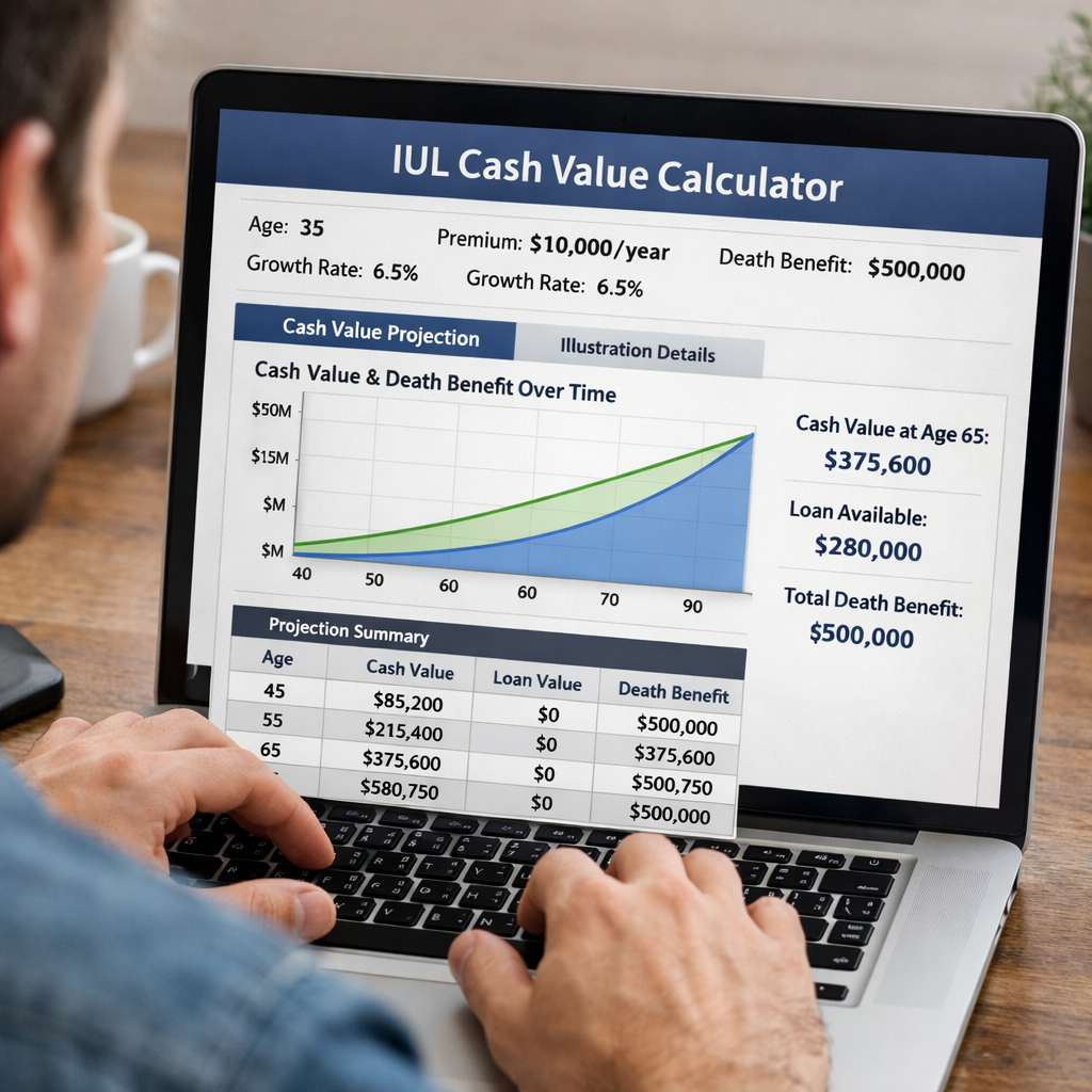 A realistic illustration of a person sitting at a laptop, looking at an IUL cash value calculator screen, with charts and numbers visible. Alt: IUL cash value calculator online visual guide