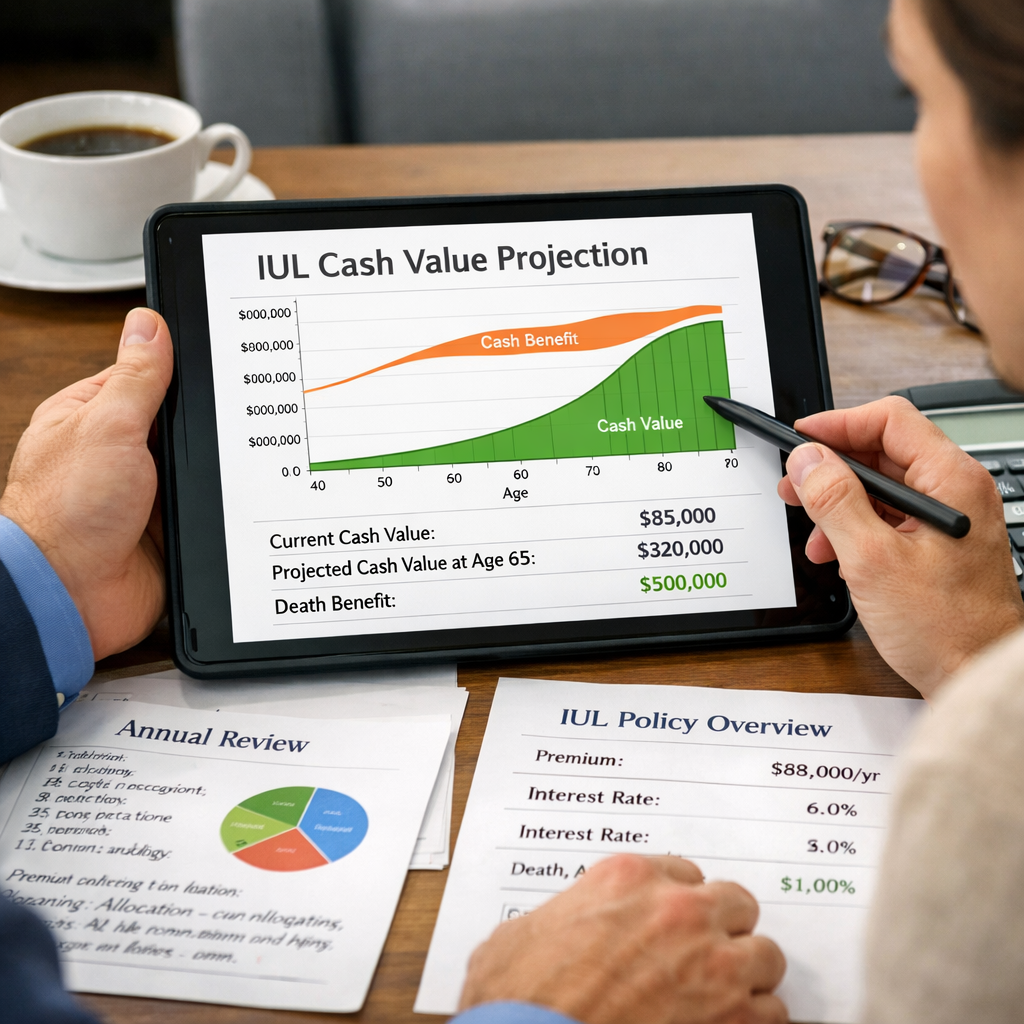 A realistic scene of a financial planner and a client reviewing an IUL cash value projection on a tablet, with graphs and notes. Alt: IUL cash value calculator online annual review