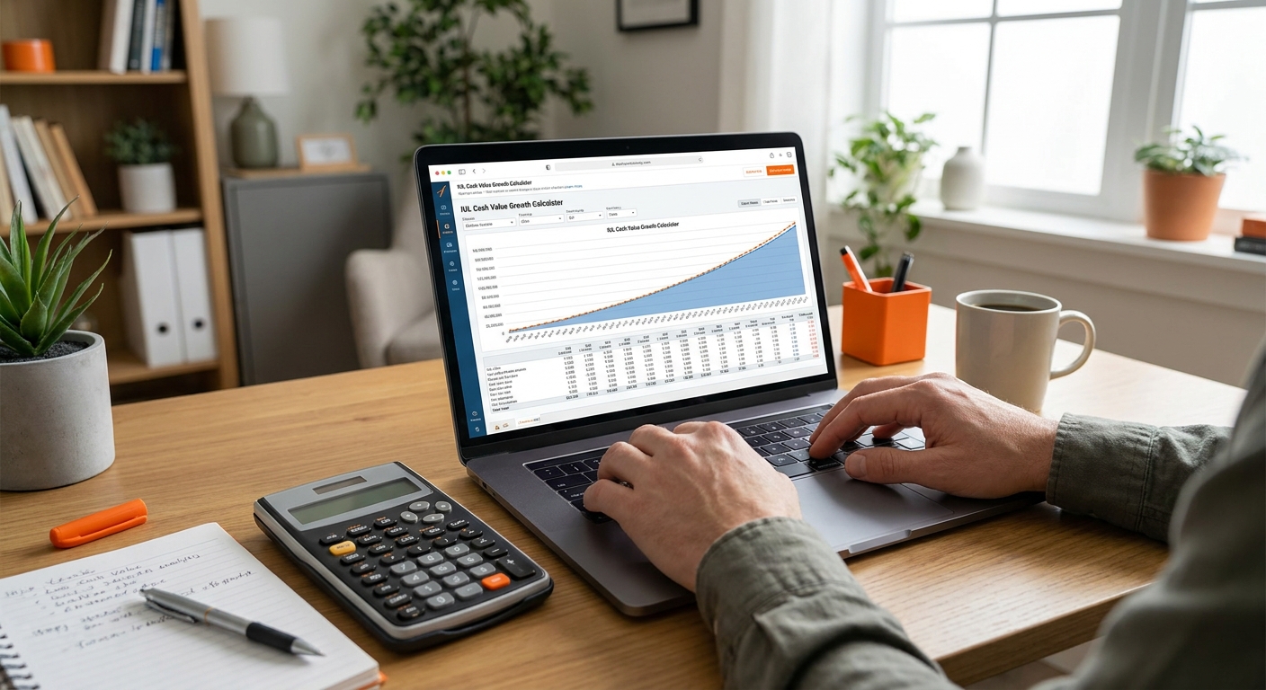 A realistic desktop scene showing a person using a financial calculator on a laptop, with a chart of cash value growth on the screen. Alt: IUL cash value growth calculator interface