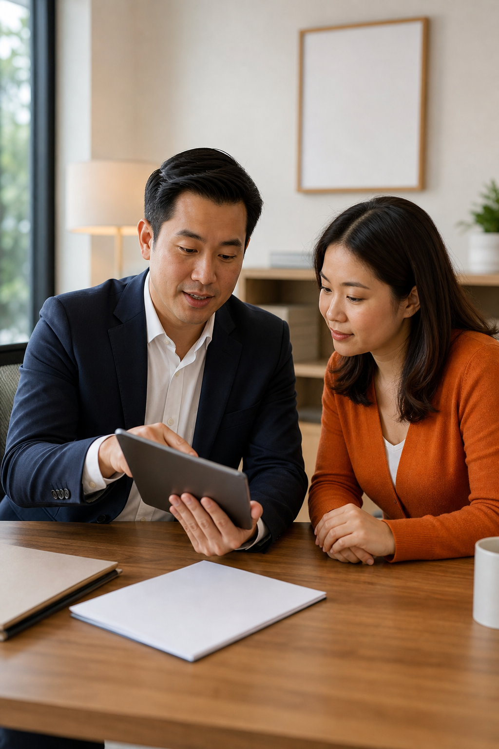 A professional agent sitting at a desk with a client, reviewing IUL policy documents on a tablet. Alt: Insurance agent helping client choose IUL policy.