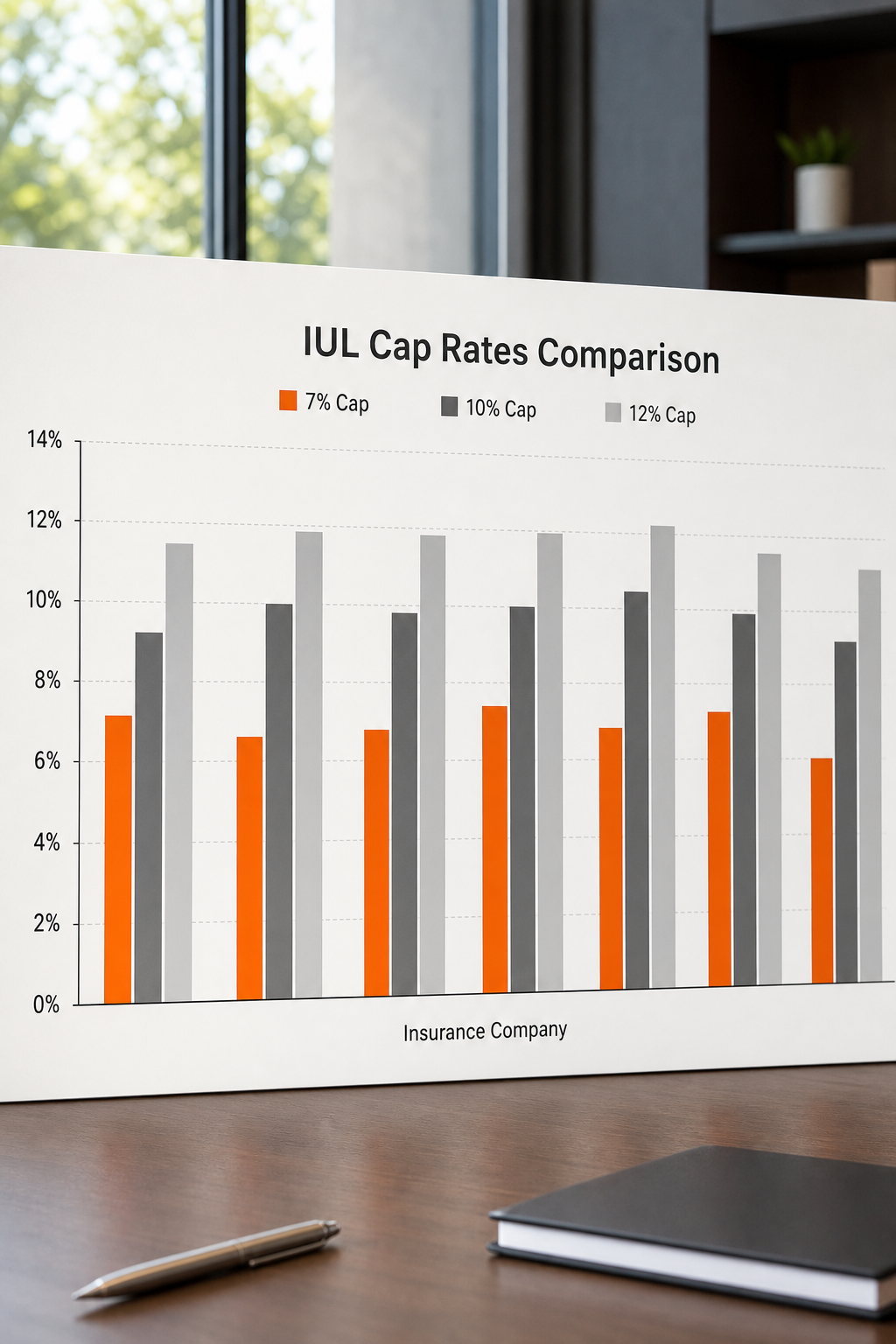 A bar chart comparing different cap rates (7%, 10%, 12%) with labeled insurance companies. Alt: Chart showing IUL cap rates comparison.