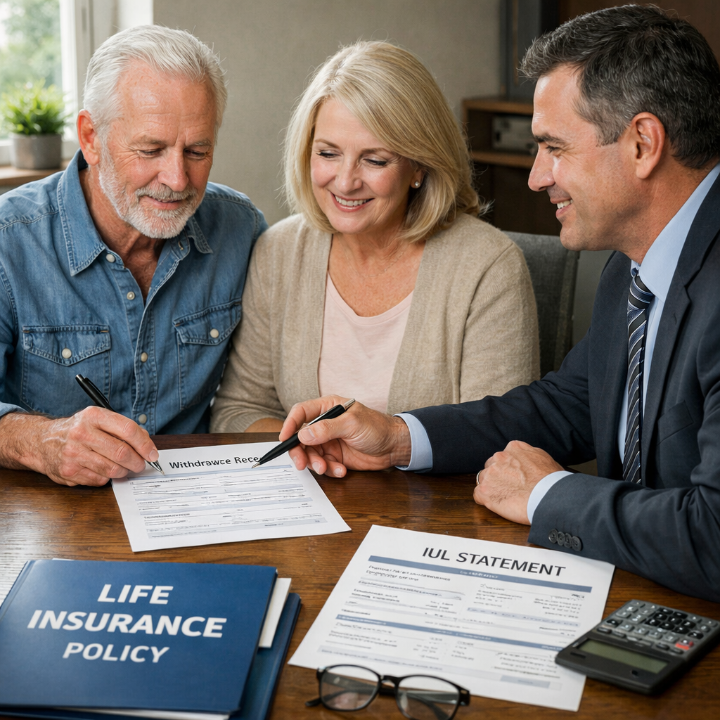 A realistic scene of an older couple meeting with a life insurance agent to complete a withdrawal form, with policy documents on the table. Alt: IUL cash value withdrawal process for retirees
