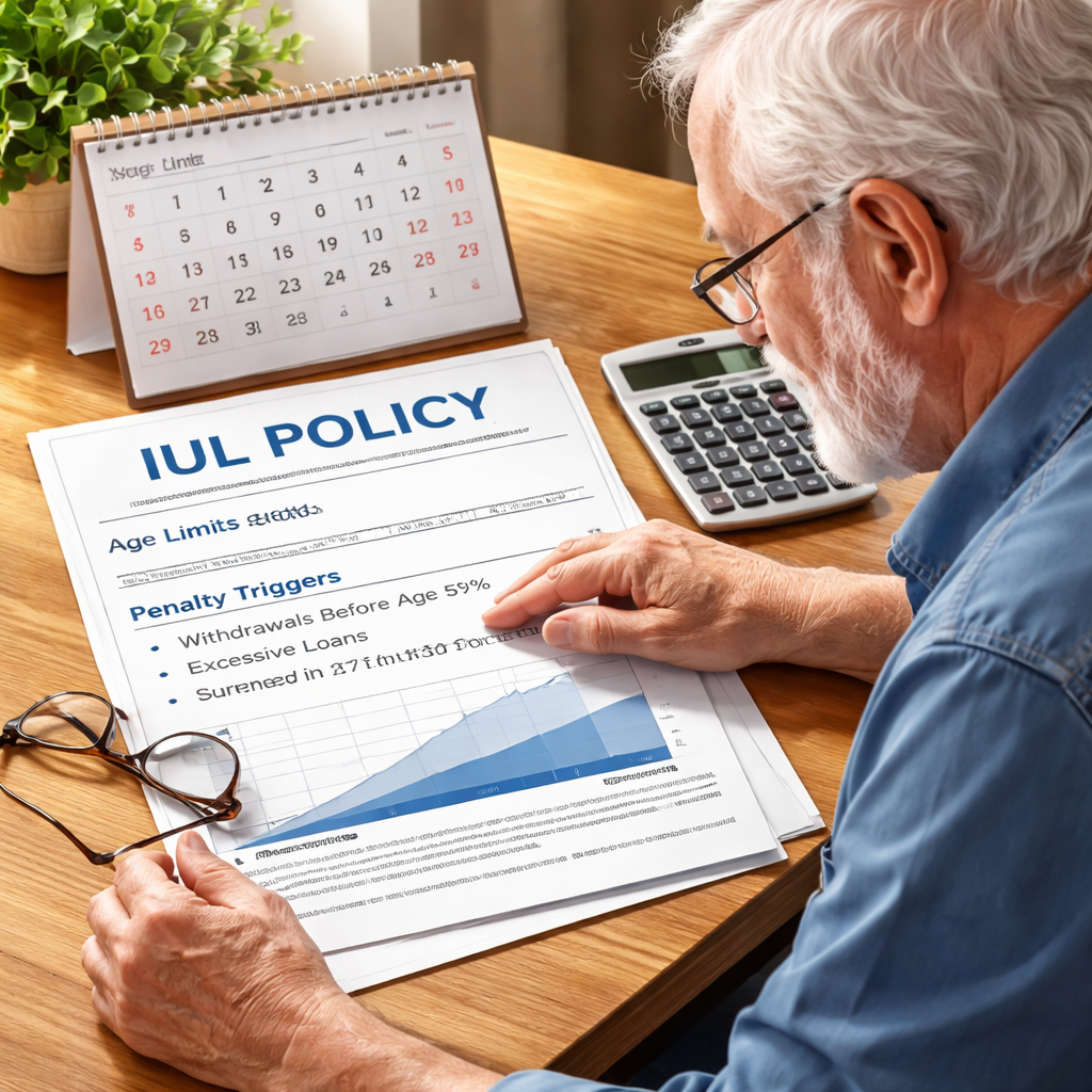 A realistic illustration of a senior reviewing an IUL policy document with a calculator and calendar, showing age limits and penalty triggers. Alt: senior reviewing IUL cash value penalty triggers and age limits