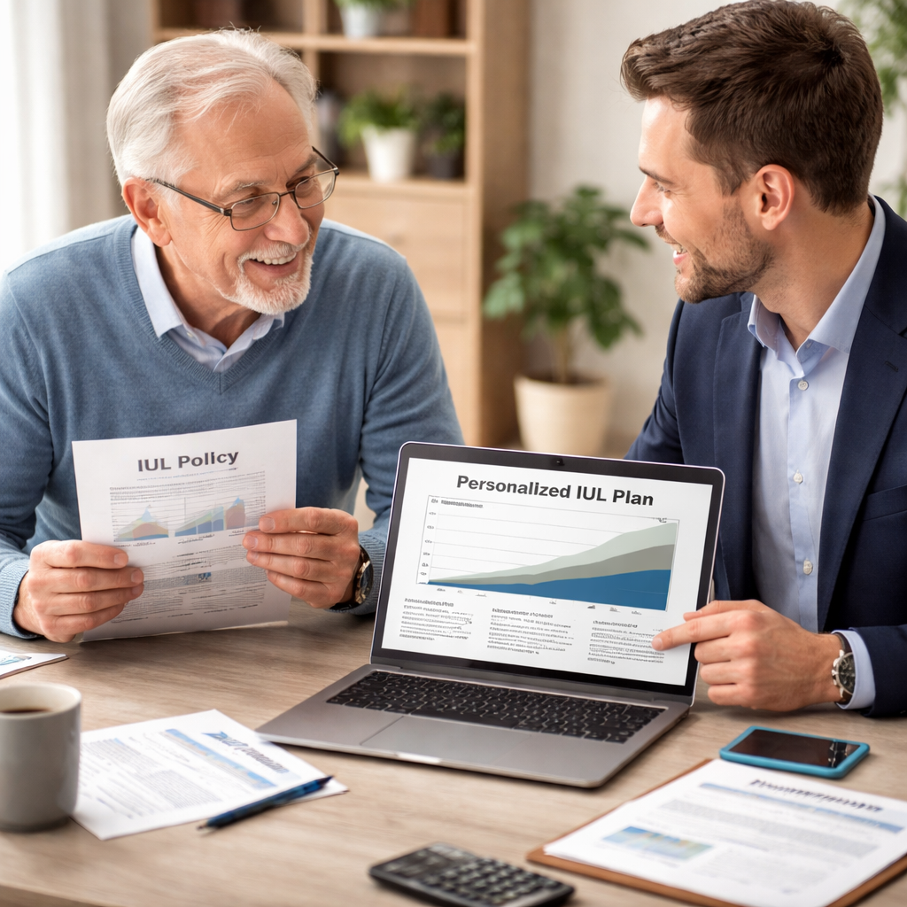 A realistic illustration of a senior speaking with a financial advisor over a laptop, reviewing IUL policy documents and a personalized plan. Alt: senior getting personalized IUL consultation