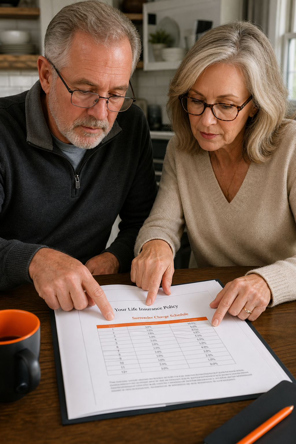 A realistic close-up of a retirement-age couple sitting at a kitchen table with an open life insurance policy document, their fingers pointing to a table of surrender charges. Alt: Retirees reviewing IUL surrender charge schedule in policy contract.