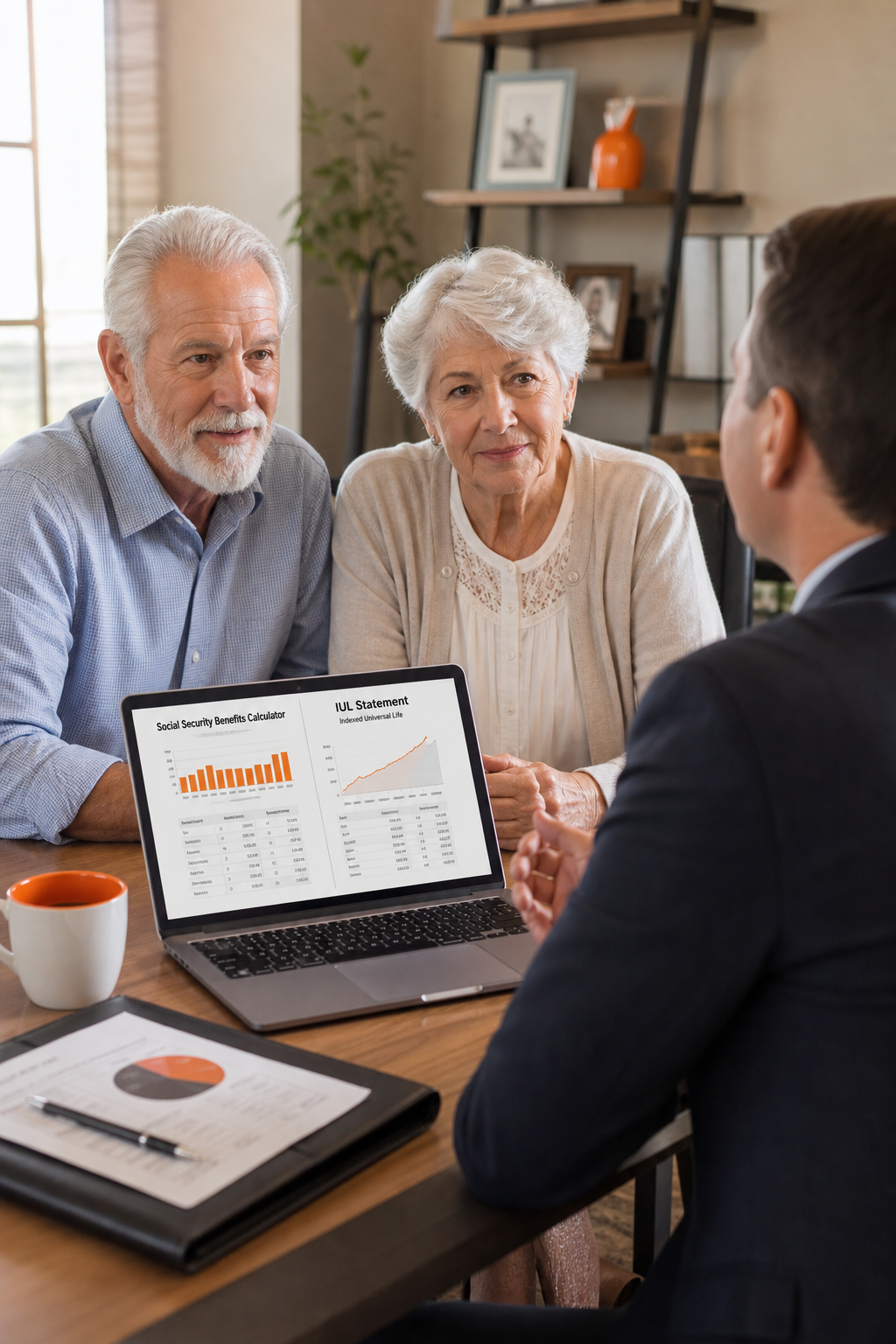 A realistic scene of a retired couple meeting with a financial advisor at a desk, with a laptop showing a Social Security benefits calculator and an IUL statement. Alt: Retirees coordinating IUL withdrawals with Social Security planning to minimize taxes.