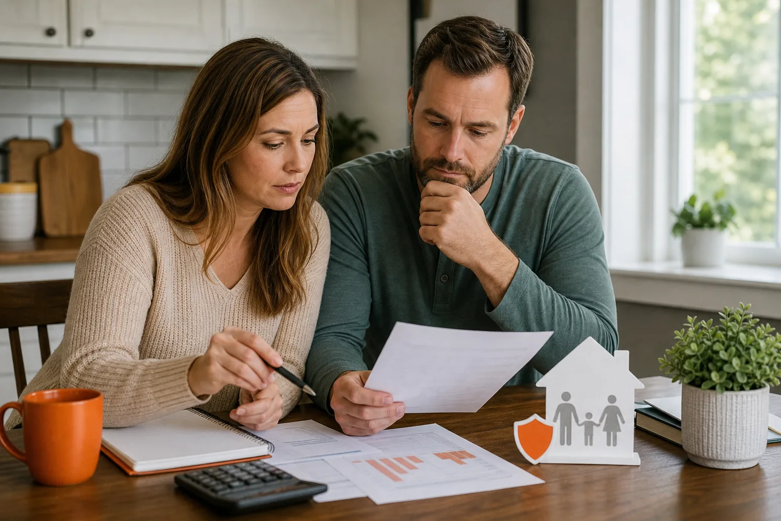 Couple reviewing IUL premiums and cash value projections at home.
