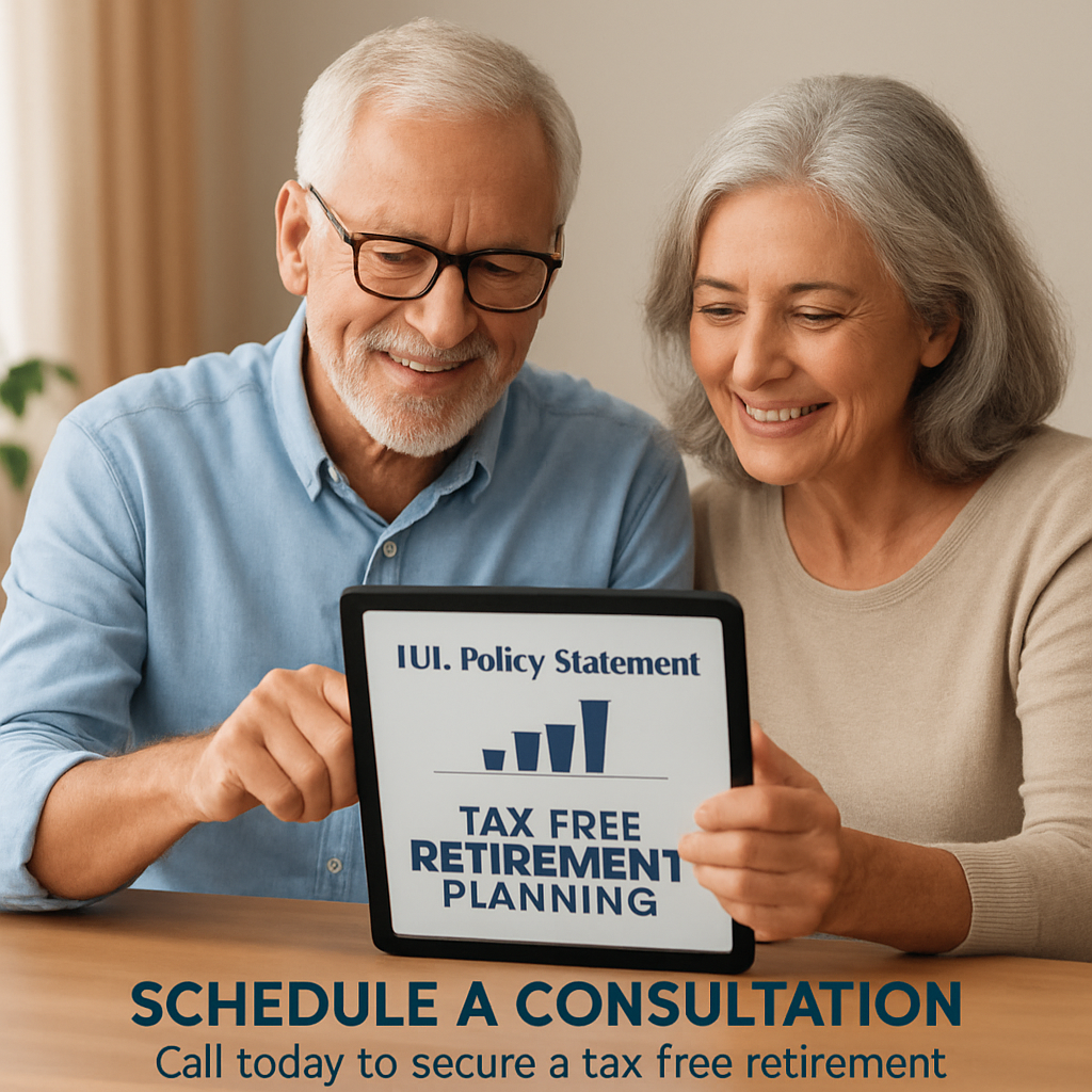 A calm older couple reviewing an IUL policy statement on a tablet, illustrating tax‑free retirement planning. Alt: iul for retirement income illustration.