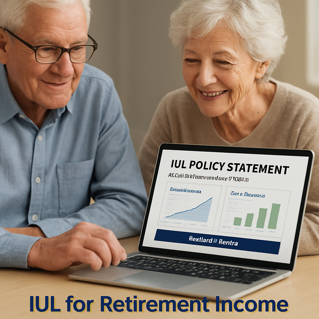 A senior couple reviewing an IUL policy statement on a laptop, with charts showing cash value growth and loan projections. Alt: iul for retirement income visual guide