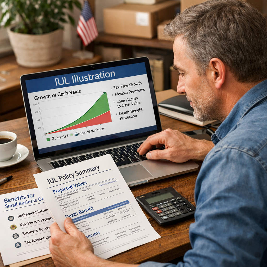 A realistic illustration of a small business owner reviewing an IUL illustration on a laptop, showing charts and policy documents. Alt: IUL basics and benefits for small business owners