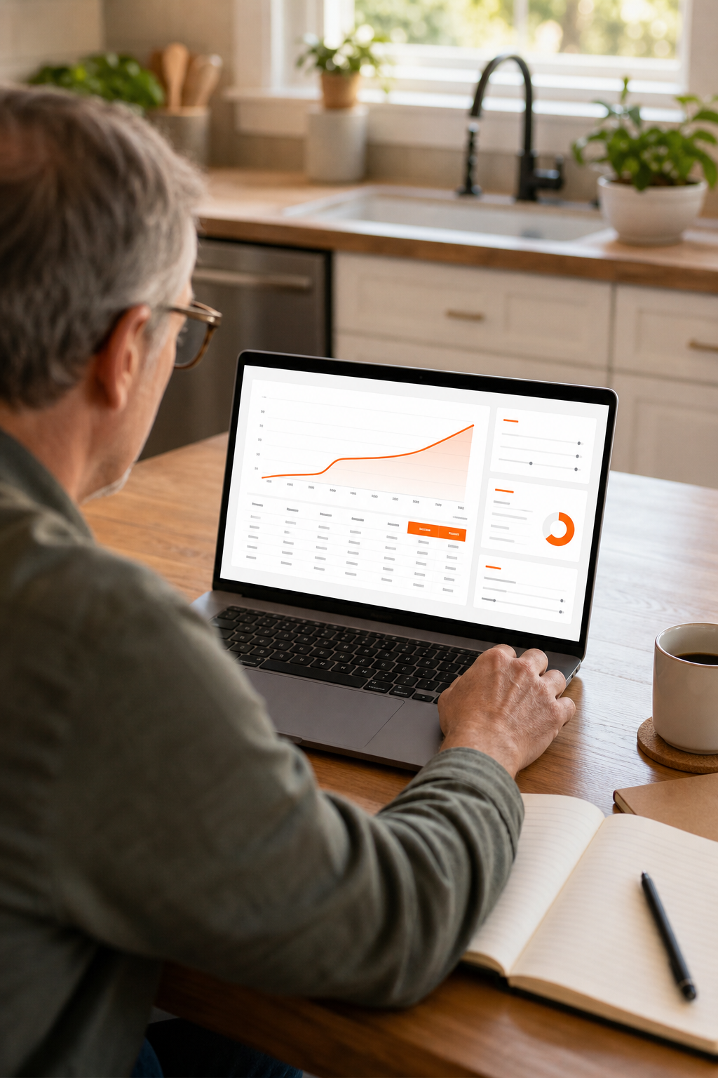 A photorealistic over-the-shoulder shot of a person at a kitchen table using a laptop showing a financial planning calculator with charts, warm natural light, orange accent on the screen interface. Alt: using an IUL living benefits calculator to estimate cash value and payouts.