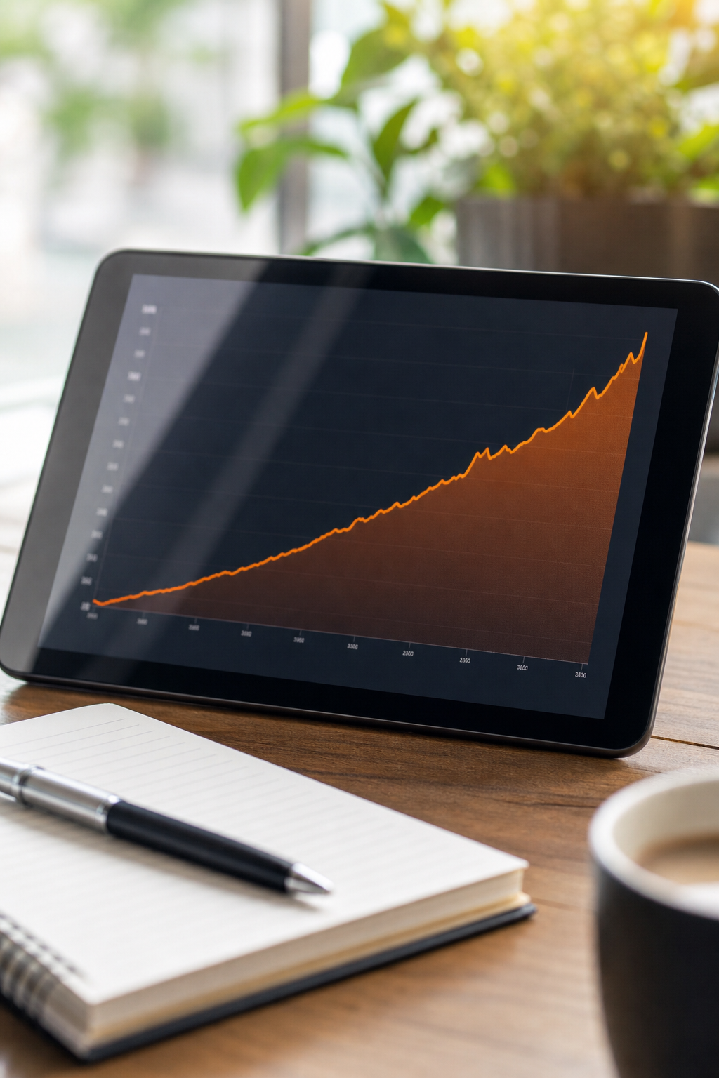 A photorealistic close-up of a financial chart on a tablet screen showing a rising cash value projection line over decades, with a pen and notebook beside it on a desk, orange accent in the graph. Alt: reading IUL cash value and living benefit payout projections on a calculator.