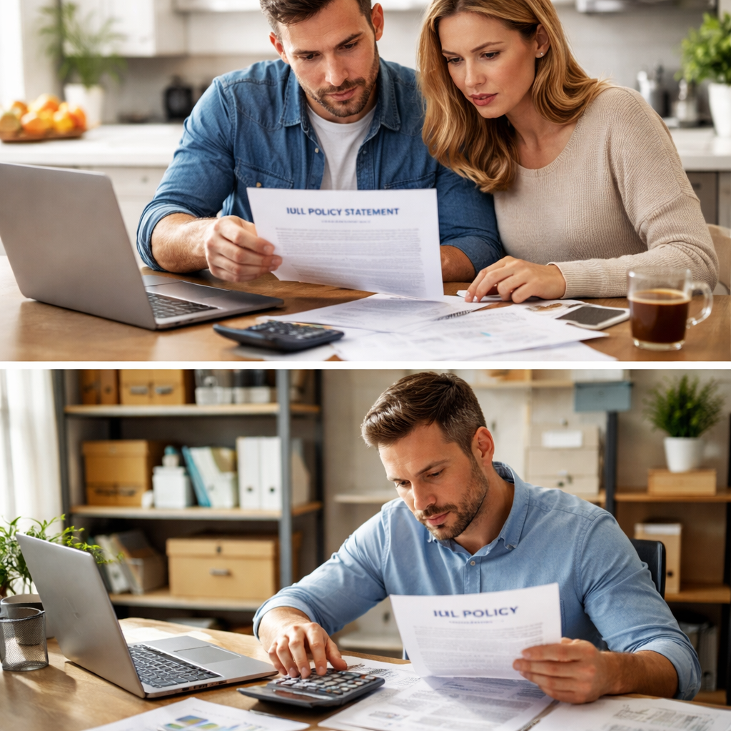 A photorealistic scene of a homeowner at a kitchen table with a laptop, policy statement, calculator, and a small business owner reviewing financial papers, both focused on calculating IUL cash value withdrawal penalty. Alt: IUL policy cash value withdrawal penalty example for homeowners and small business owners.
