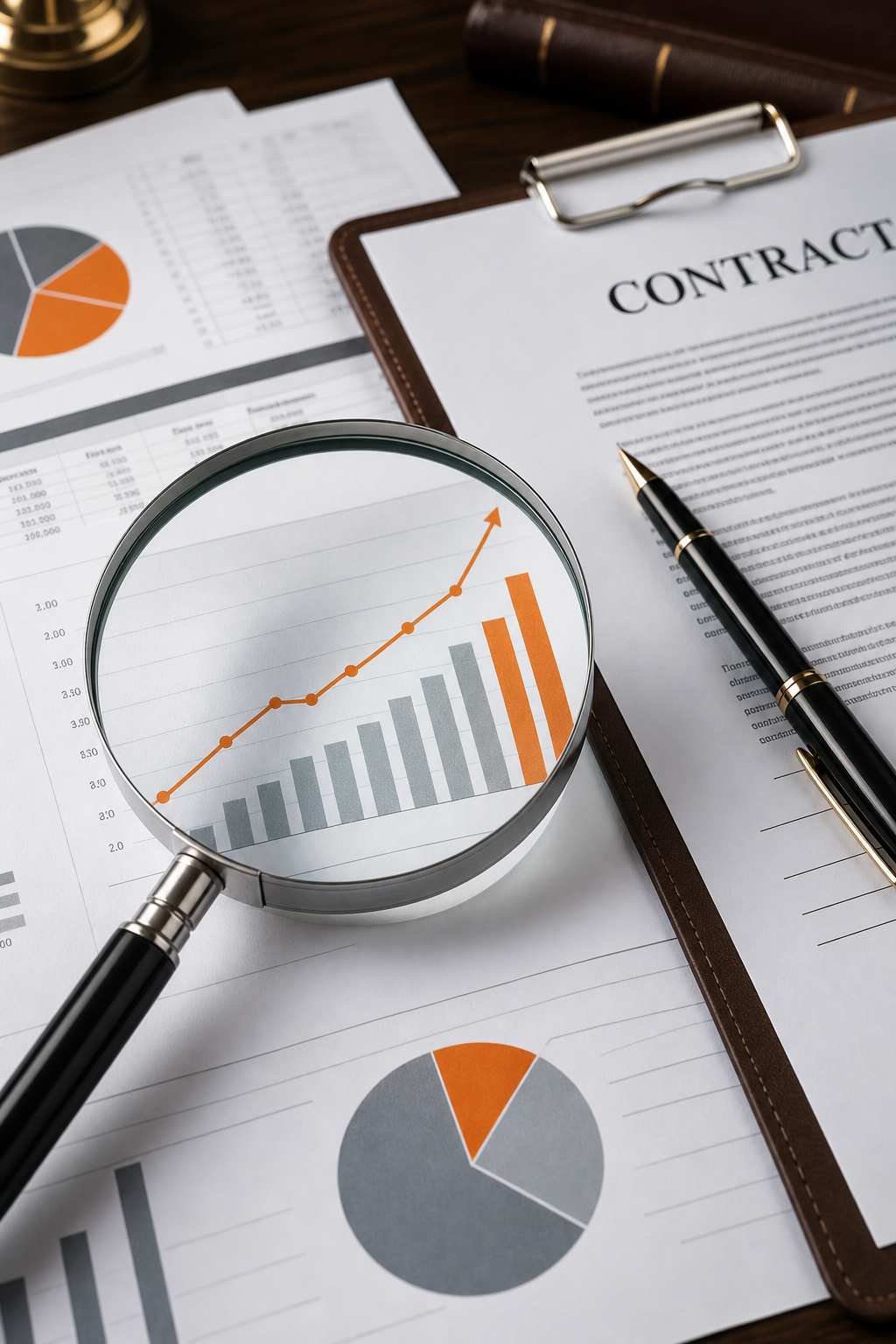 A magnifying glass focused on a financial graph showing upward trends, with a contract and pen beside it. Alt: Premium financing strategy for IUL policy.