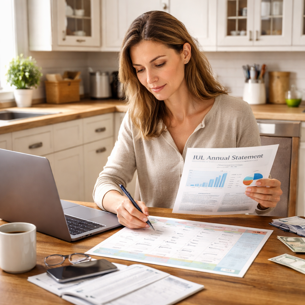 A photorealistic scene of a single parent sitting at a kitchen table with a laptop, reviewing an IUL policy statement and a calendar, showing a calm and organized financial check‑up. Alt: Single parent reviewing IUL policy yearly check‑up for budget and growth