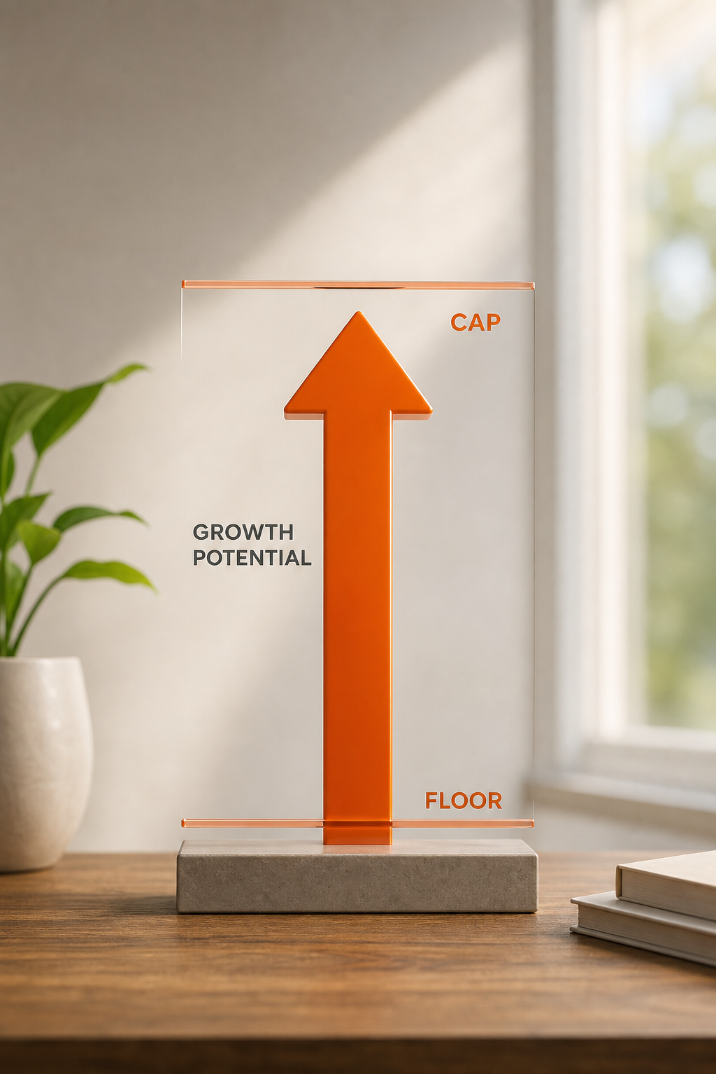 A graph showing an upward arrow with a cap line and a floor line, representing IUL growth potential. Alt: Illustration of IUL cap and floor features.