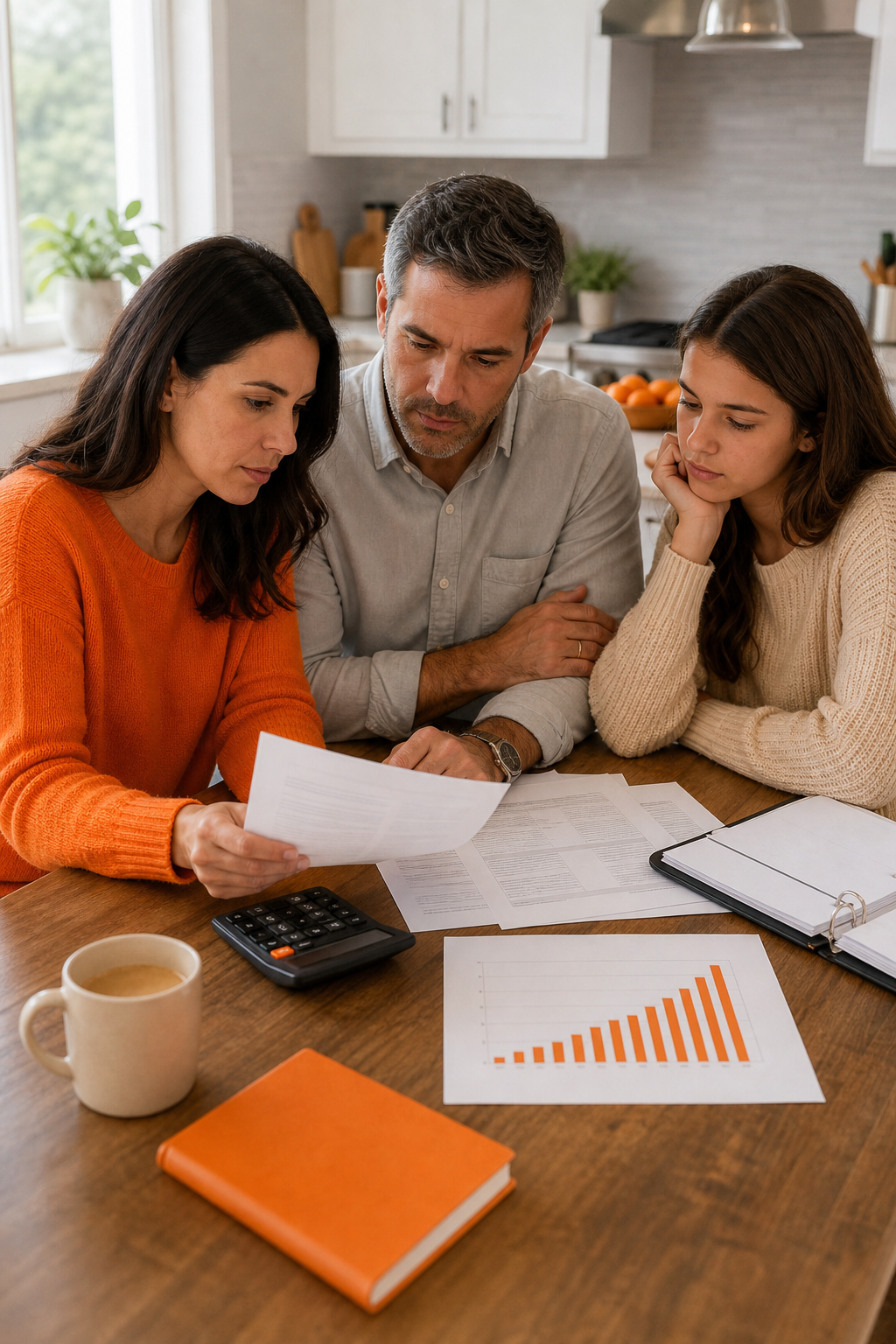 A realistic illustration showing a family at a kitchen table reviewing insurance documents with a calculator and a graph showing long-term care costs rising. Alt: Understanding IUL riders for long term care coverage