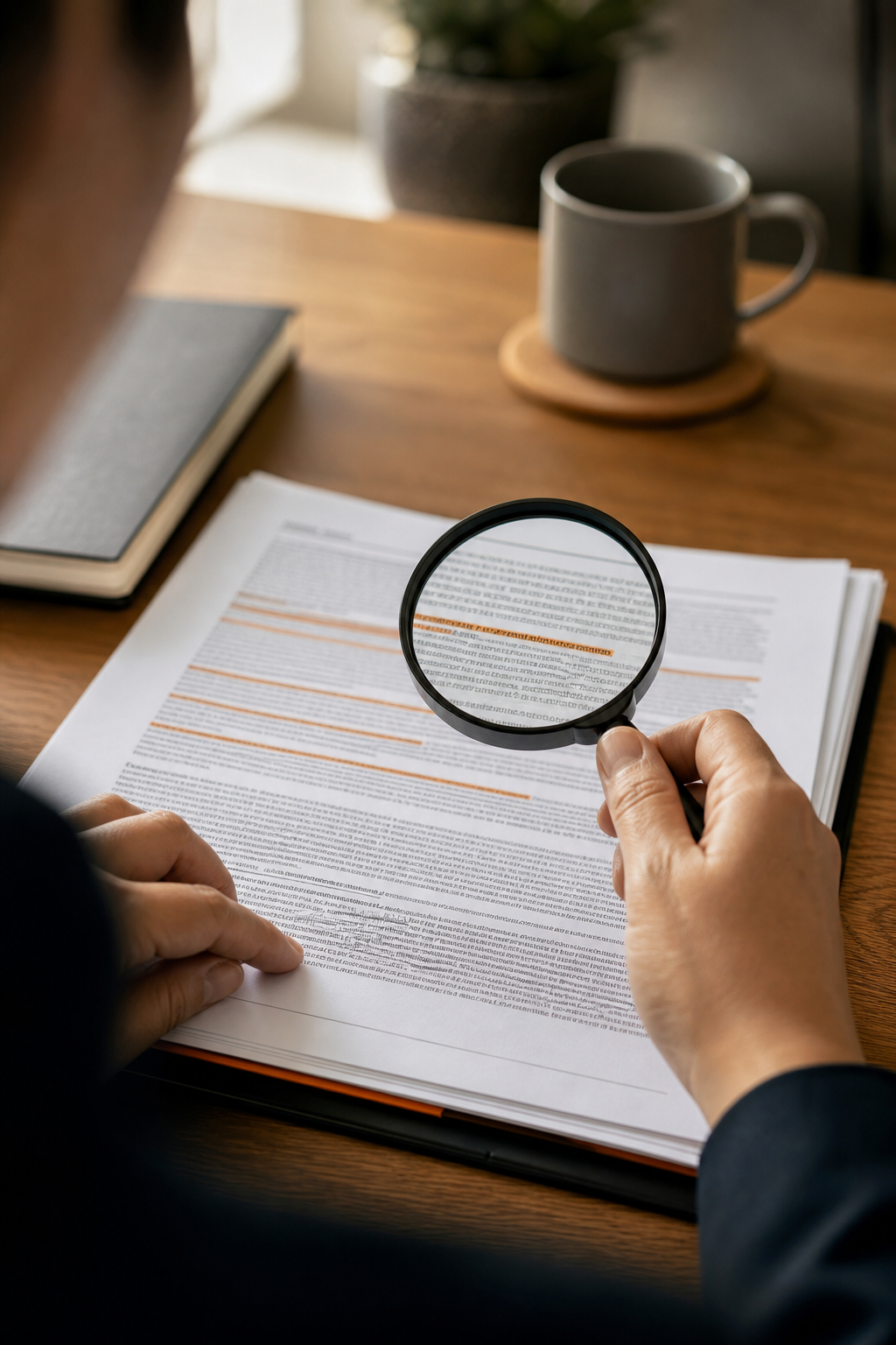 A person reading a magnifying glass over a contract document with highlighted terms and conditions. Alt: Reviewing IUL LTC rider exclusions and fine print