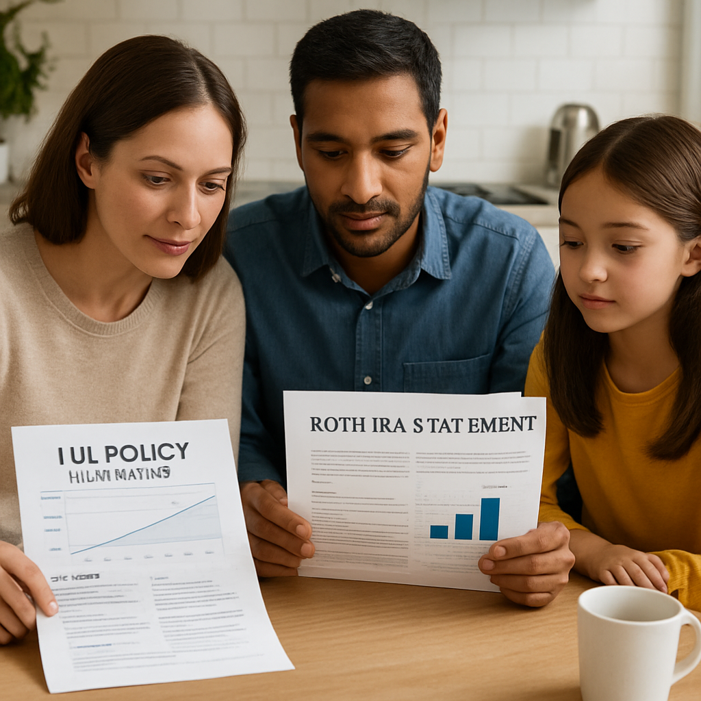A family reviewing financial plans at a kitchen table, showing an IUL policy illustration next to a Roth IRA statement. Alt: How IUL complements Roth IRA in retirement planning.