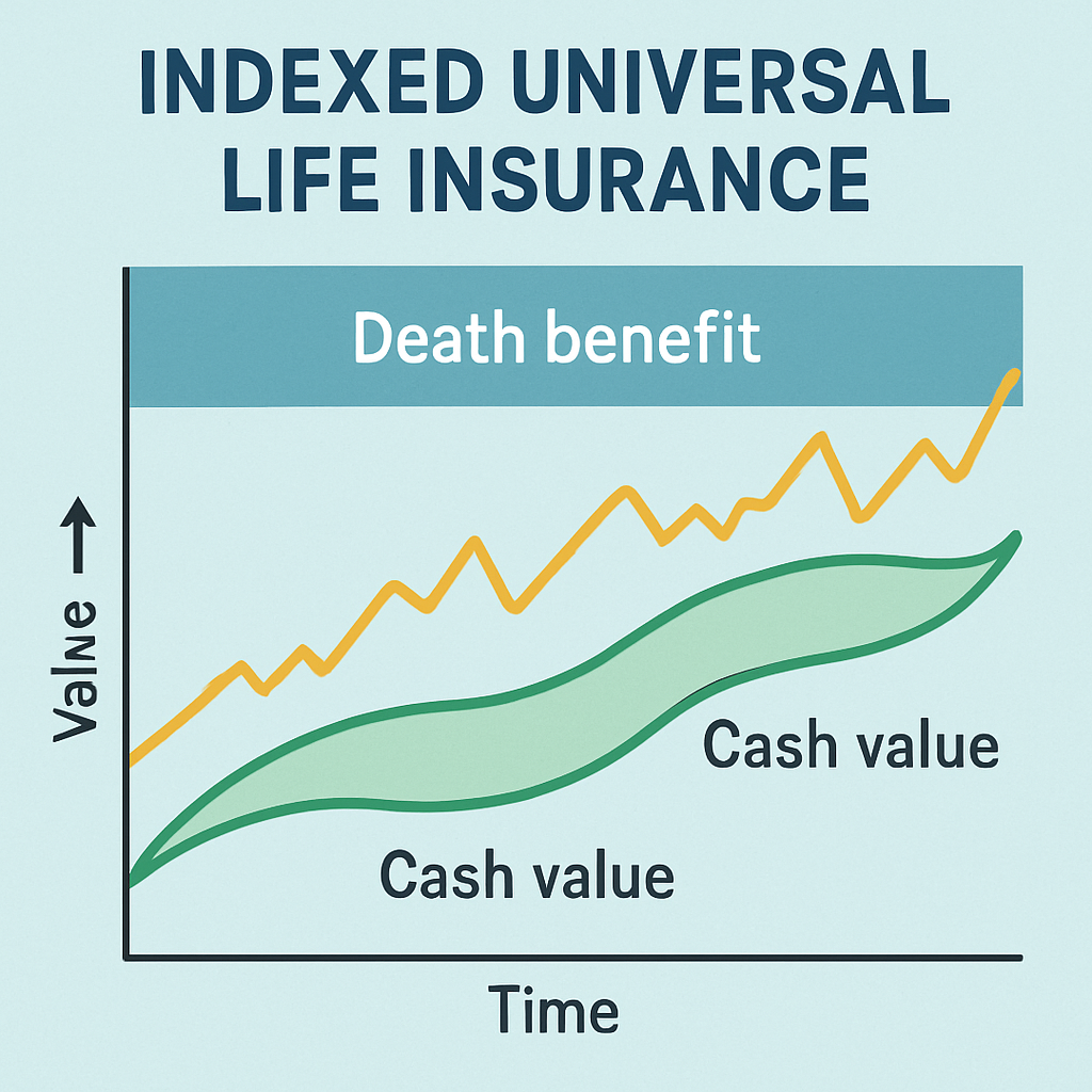 An illustrative infographic showing Indexed Universal Life Insurance with cash value growth tracking an equity index. Alt: Indexed Universal Life Insurance cash value growth and death benefit illustration.