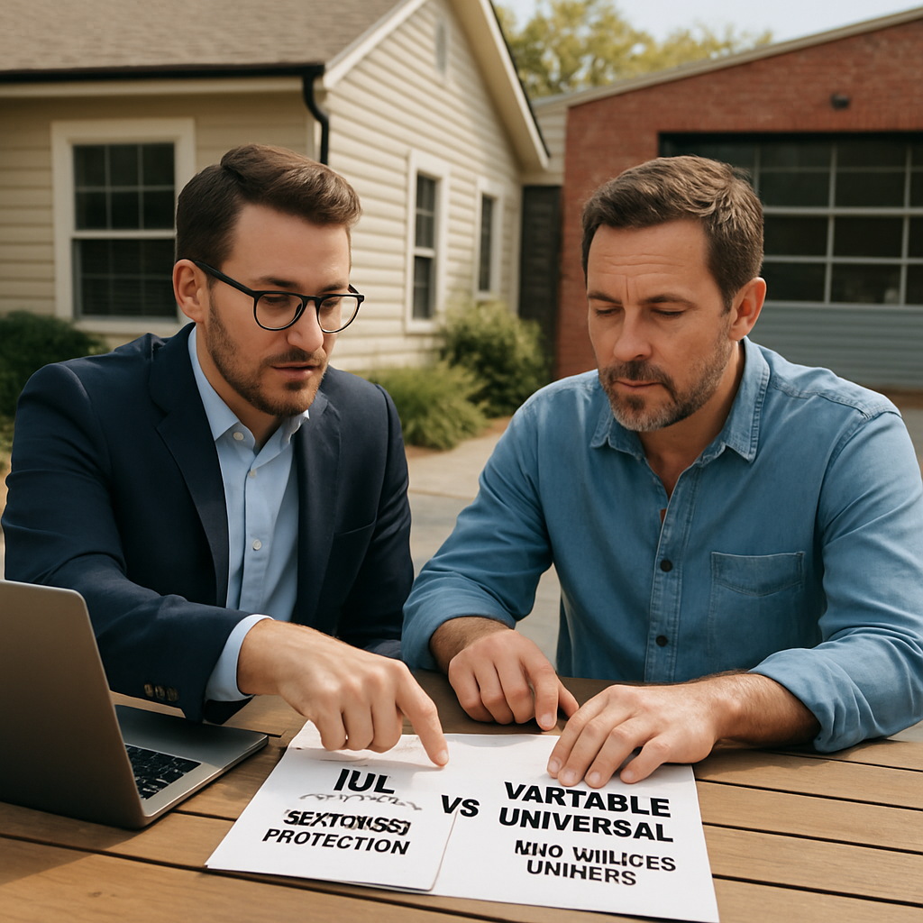 A small business owner reviewing life insurance options with a financial advisor, with a home and business in the background. Alt: IUL vs variable universal life insurance comparison for mortgage protection and small business owners.