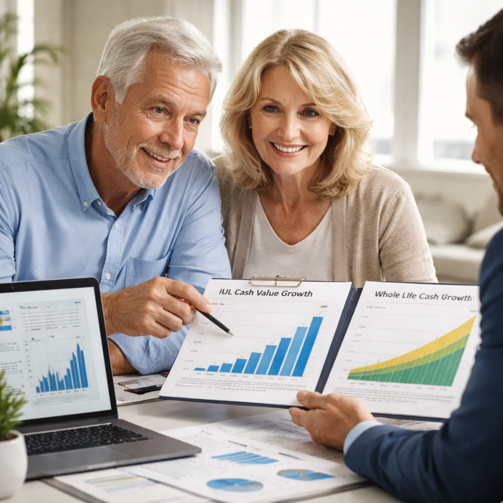 A realistic photo of an older couple reviewing retirement plans with a life insurance advisor, showing charts of IUL and whole life cash growth, bright office setting, Realism style.