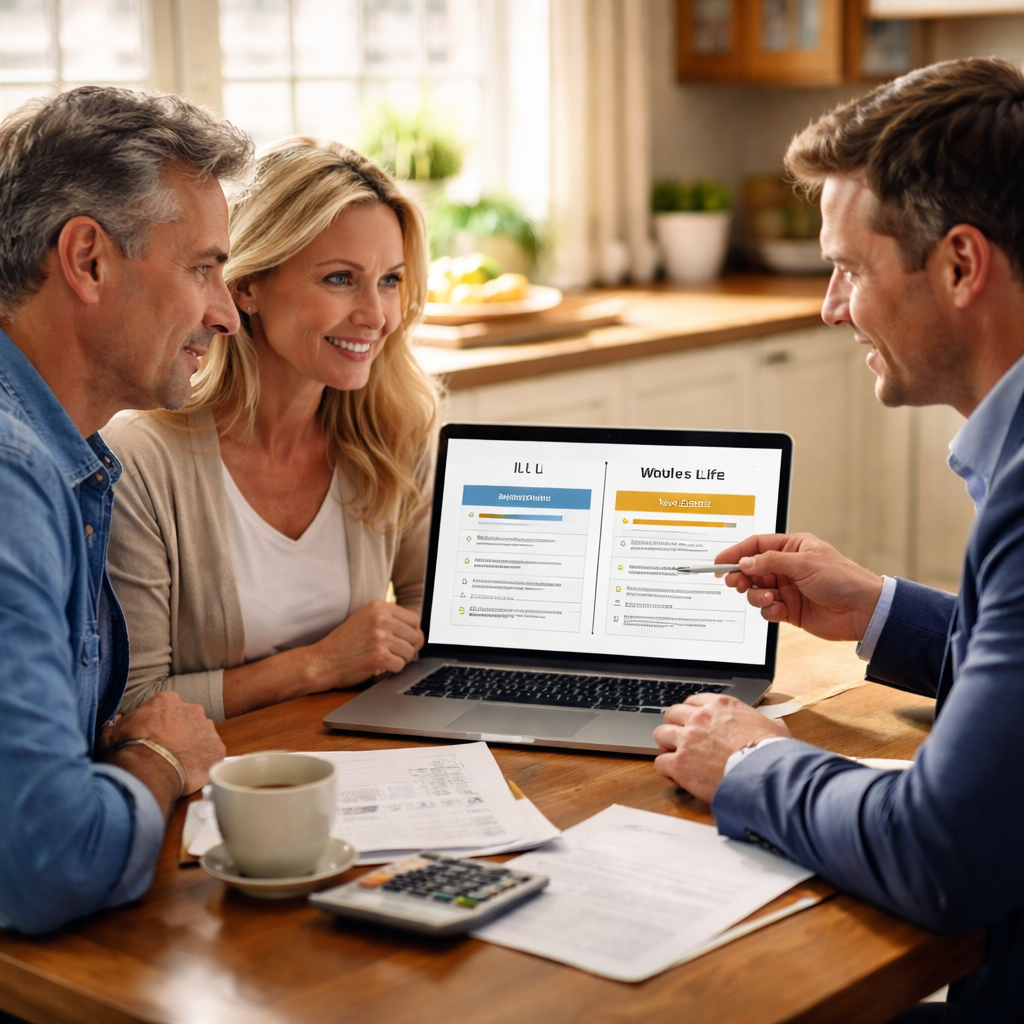 A photorealistic scene of a middle‑aged couple at a kitchen table, reviewing a simple spreadsheet on a laptop that shows two columns labeled IUL and Whole Life, with a friendly insurance advisor pointing at the screen. Light from a window illuminates the scene, emphasizing a calm, focused atmosphere. Alt: IUL vs whole life for retirement income comparison chart.