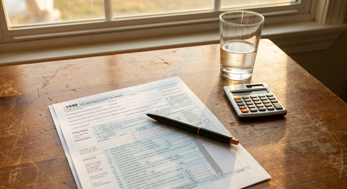 A photorealistic close-up of a wooden desk with a 1040 tax form, a pen, and a small calculator beside a glass of water, in warm natural light. No people visible. Alt: Tax planning for retirement using IUL and whole life insurance cash value strategies.