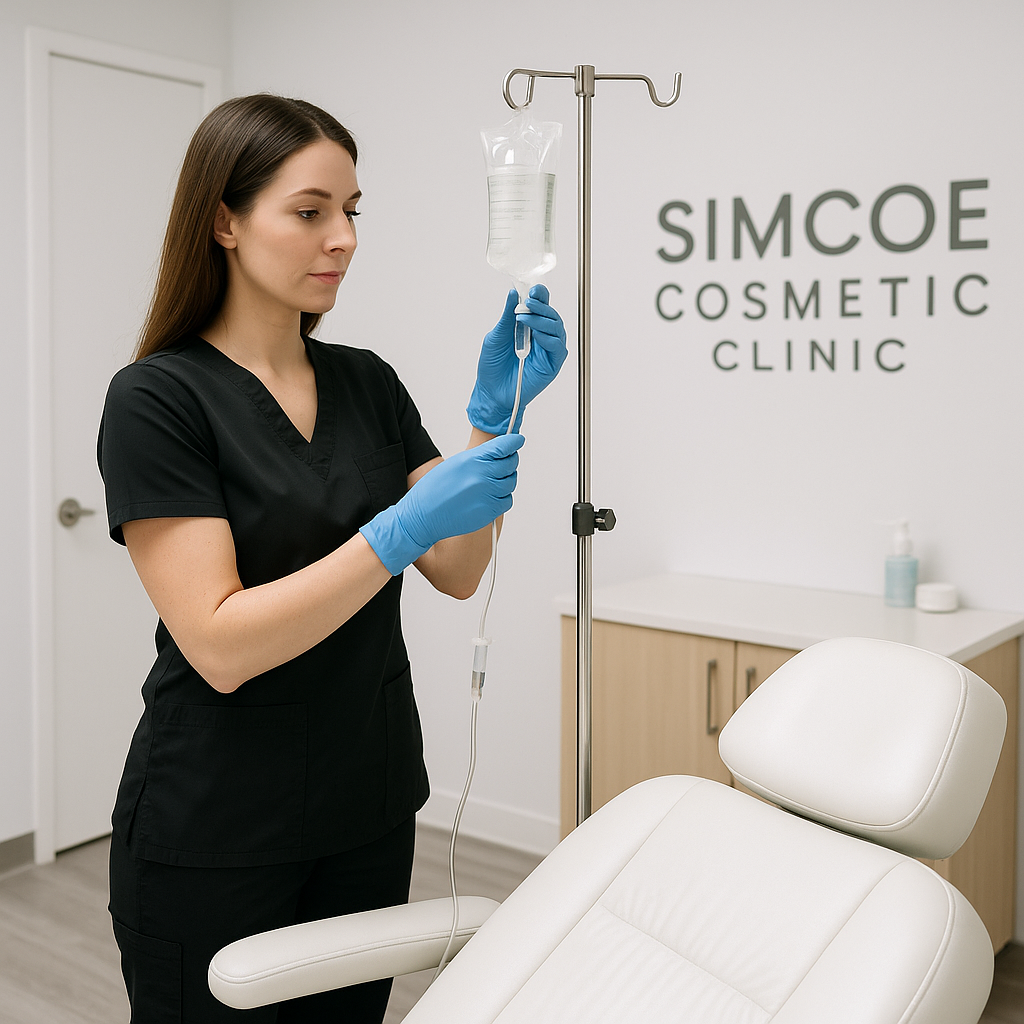 Nurse preparing IV drip in a clinical Barrie medspa room. Alt: Professional IV therapy Barrie infusion at Simcoe Cosmetic Clinic.
