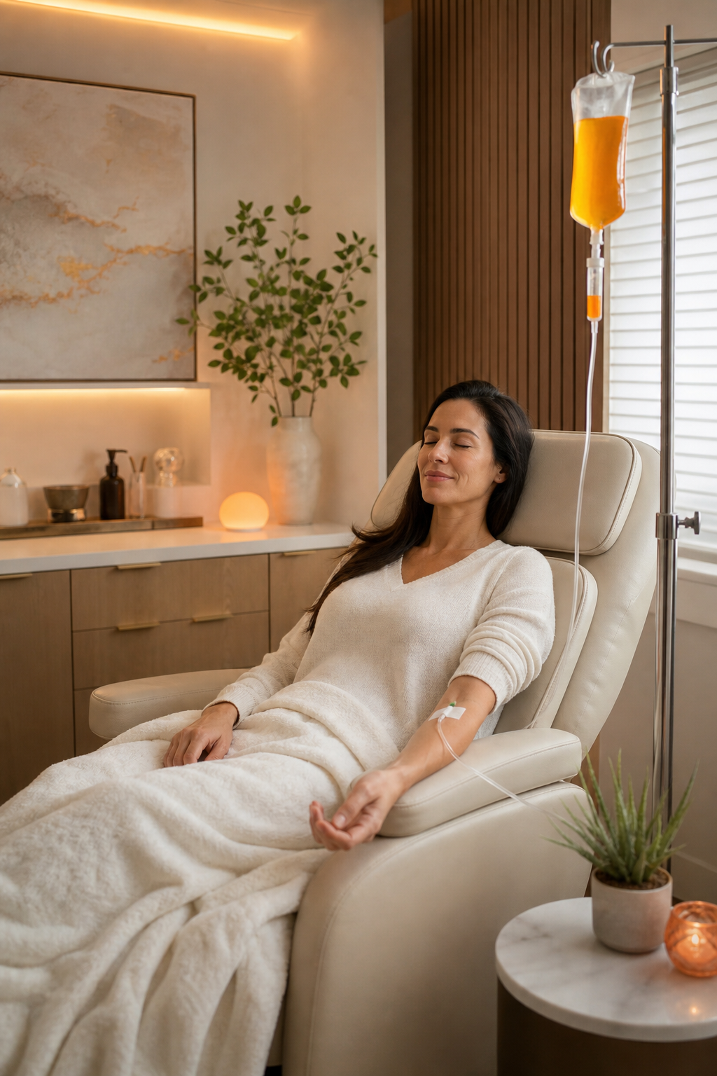 A serene treatment room with a client receiving an IV drip while relaxing in a comfortable chair, soft lighting and modern decor. Alt: Luxurious IV vitamin therapy treatment room at a med spa