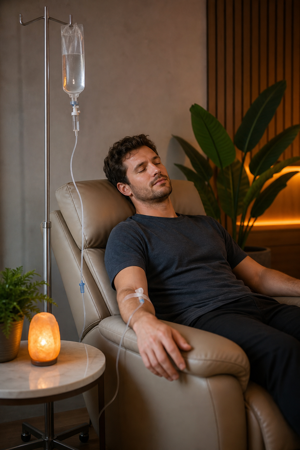 A person relaxing in a lounge chair receiving an IV drip, with a calming atmosphere and soft lighting. Alt: Hangover relief IV therapy treatment in a cozy lounge setting